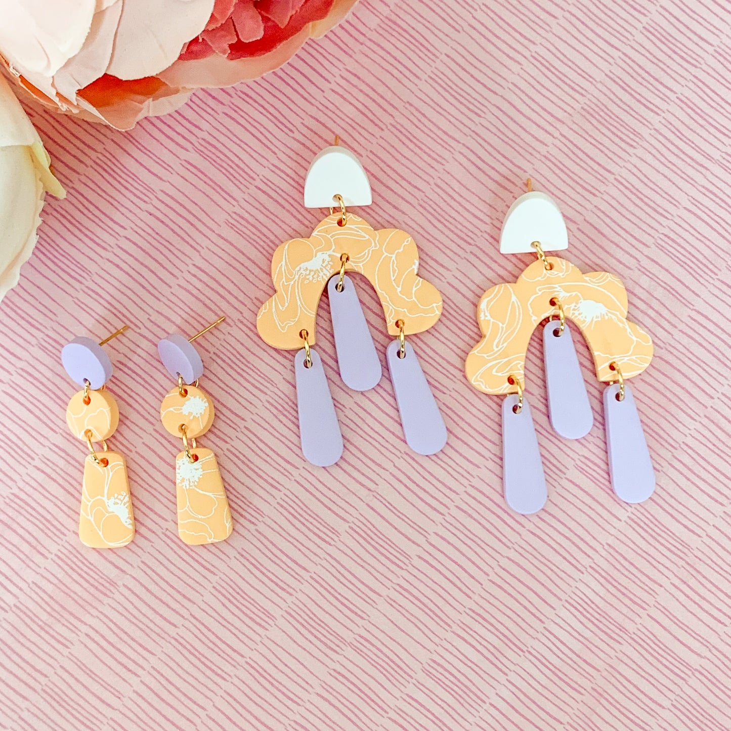 double round painted drop dangle earrings | tangerine & lilac