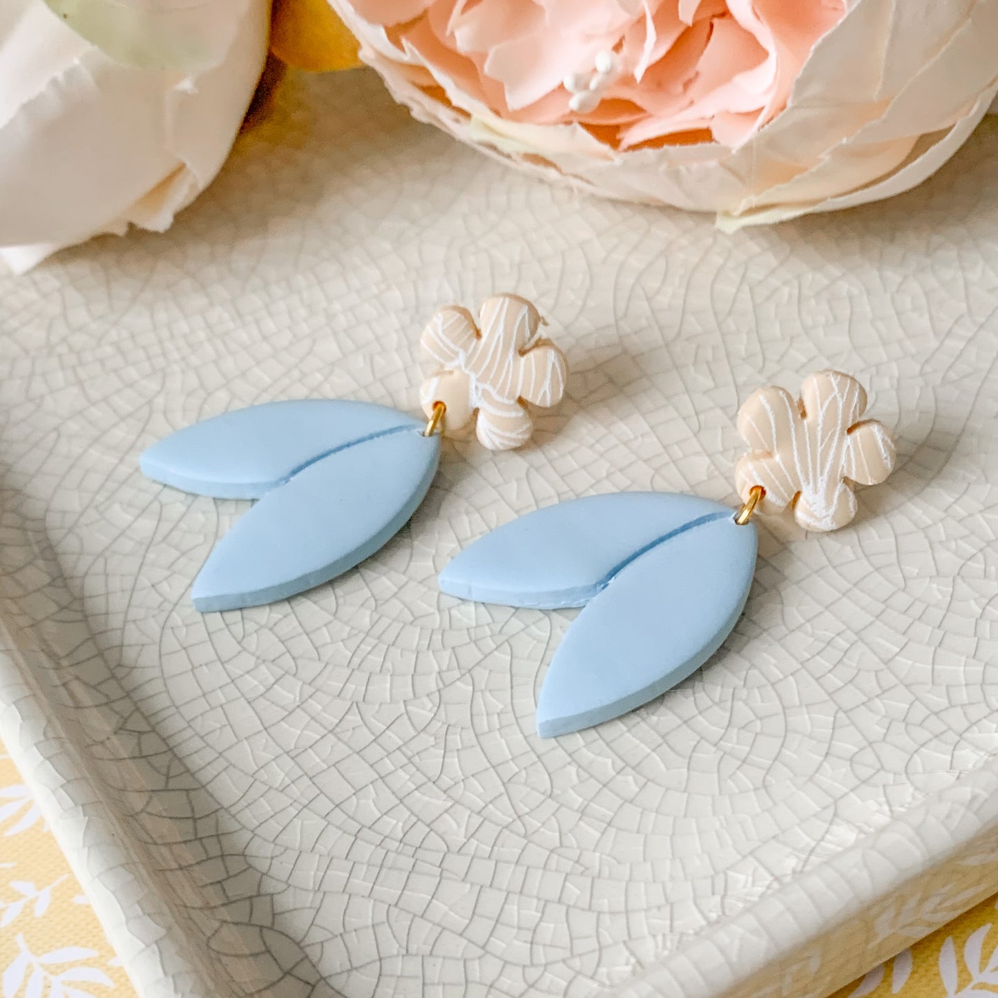 flower & petal painted dangle earrings | sky & ecru