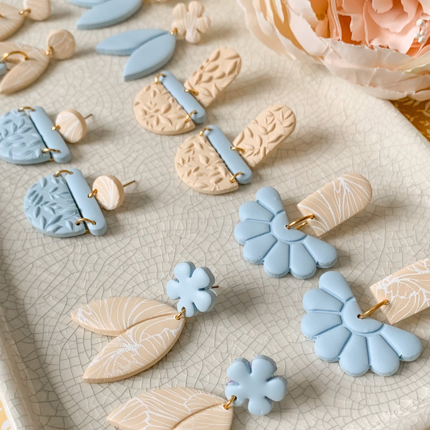 flower & petal painted dangle earrings | sky & ecru