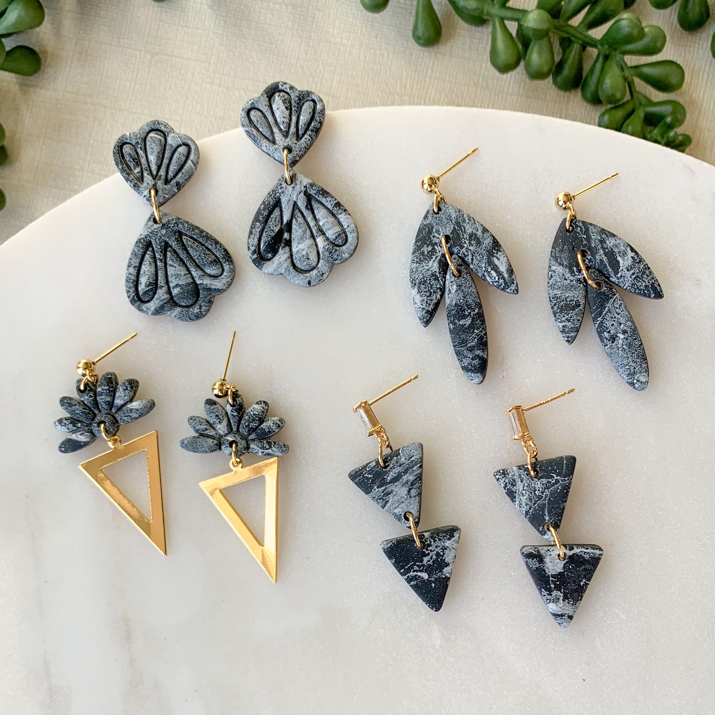 marble painted flower + gold tri dangle | black