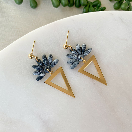 marble painted flower + gold tri dangle | black