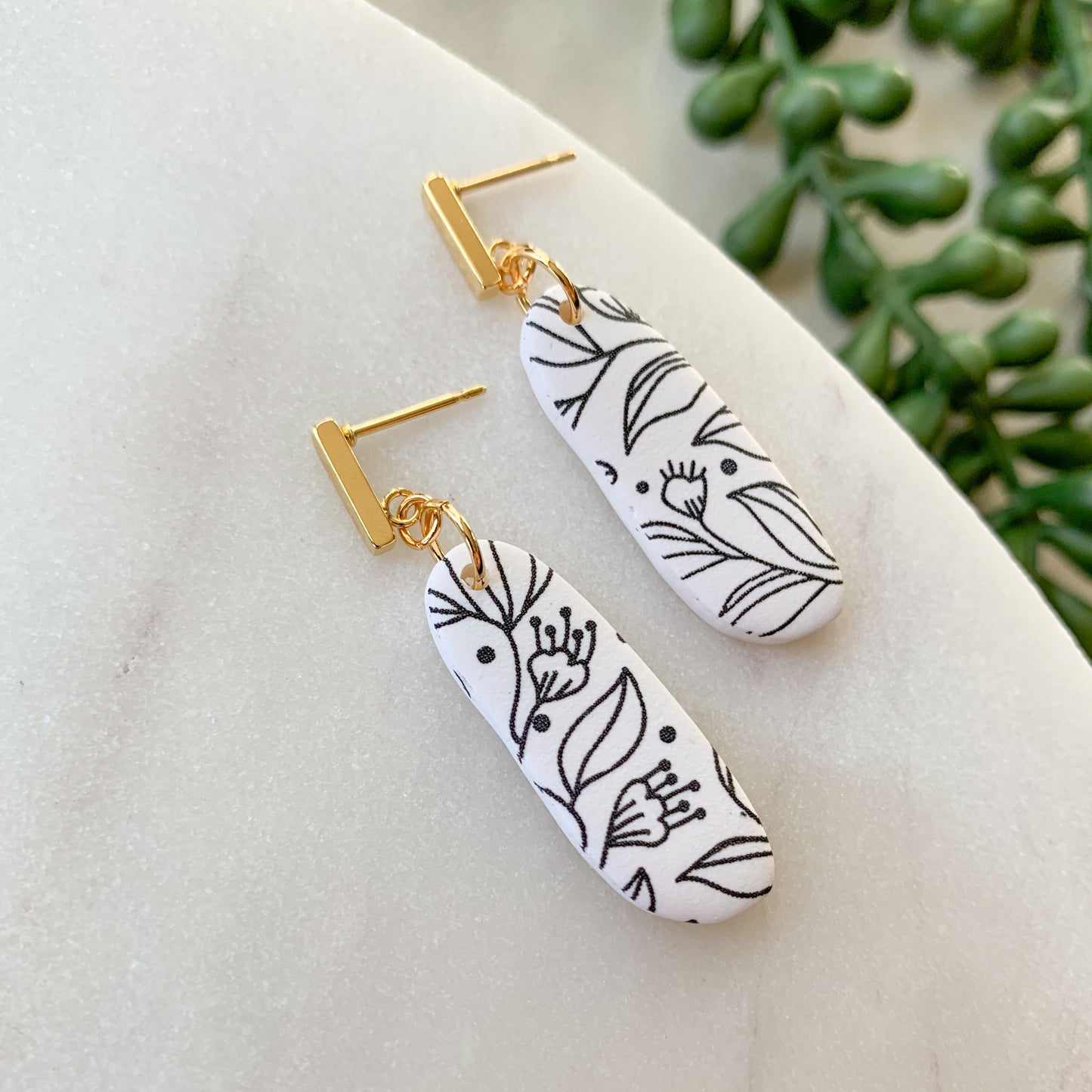 organic floral painted dangle + gold post | white